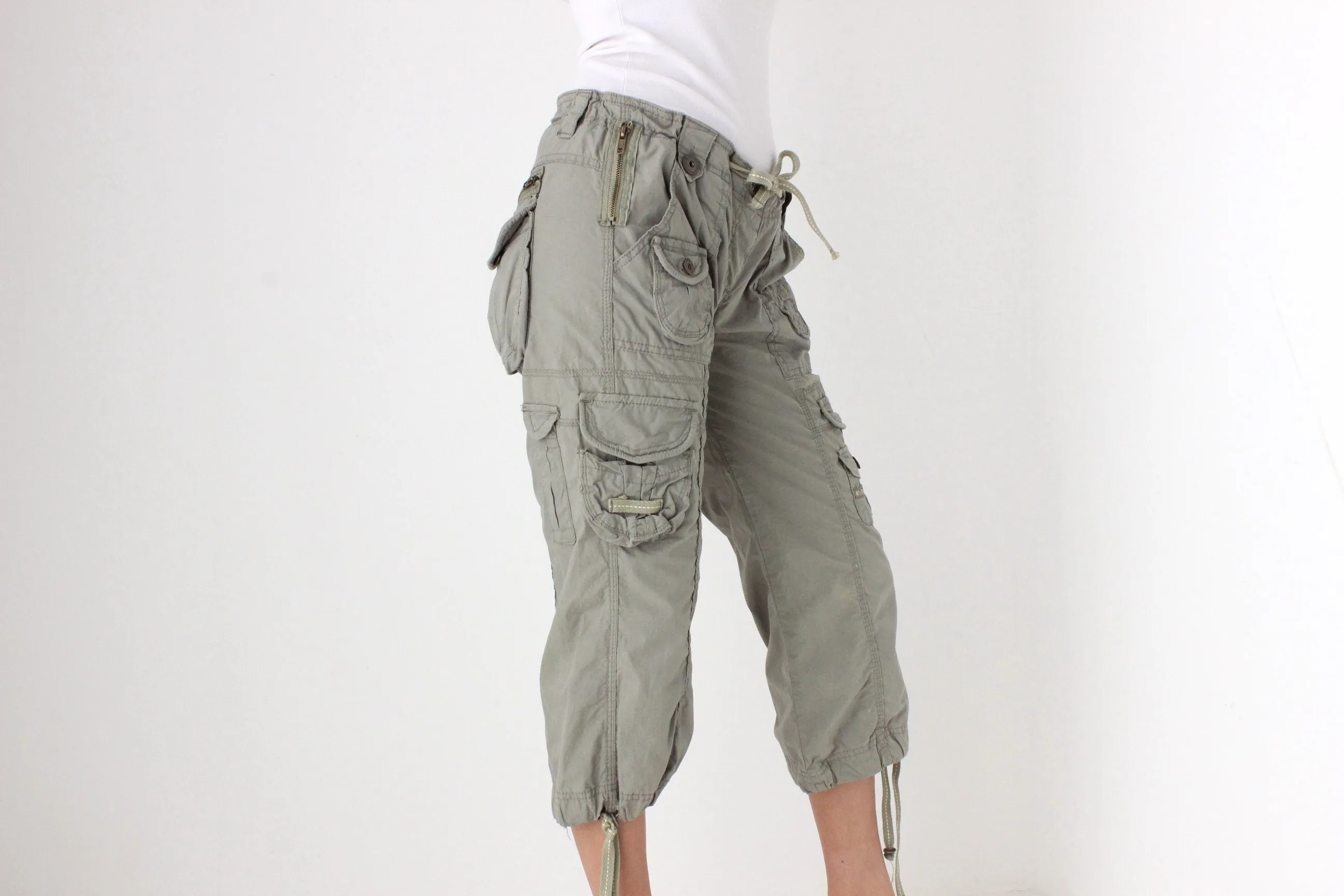 Y2K Khaki Cropped Knee Length Cargo Capri Pants